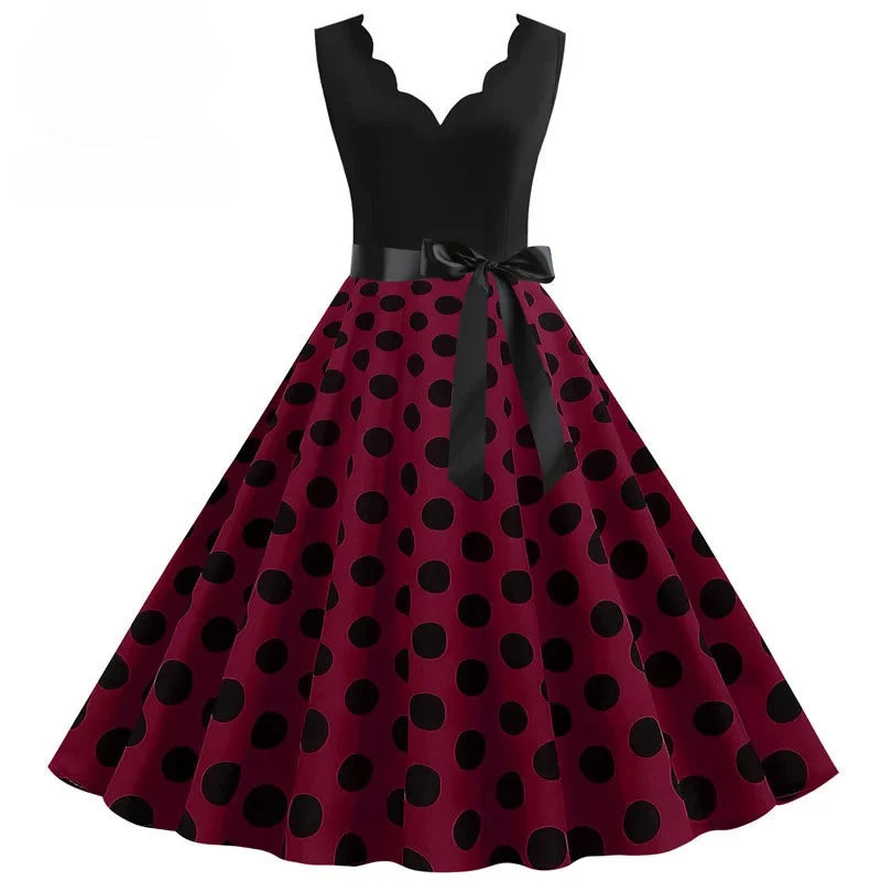 Women Retro Summer Dresses 50s 60s Sleeveless V-neck Polka Dot Bow Ball Grown Party Sundress Robe Vestidos