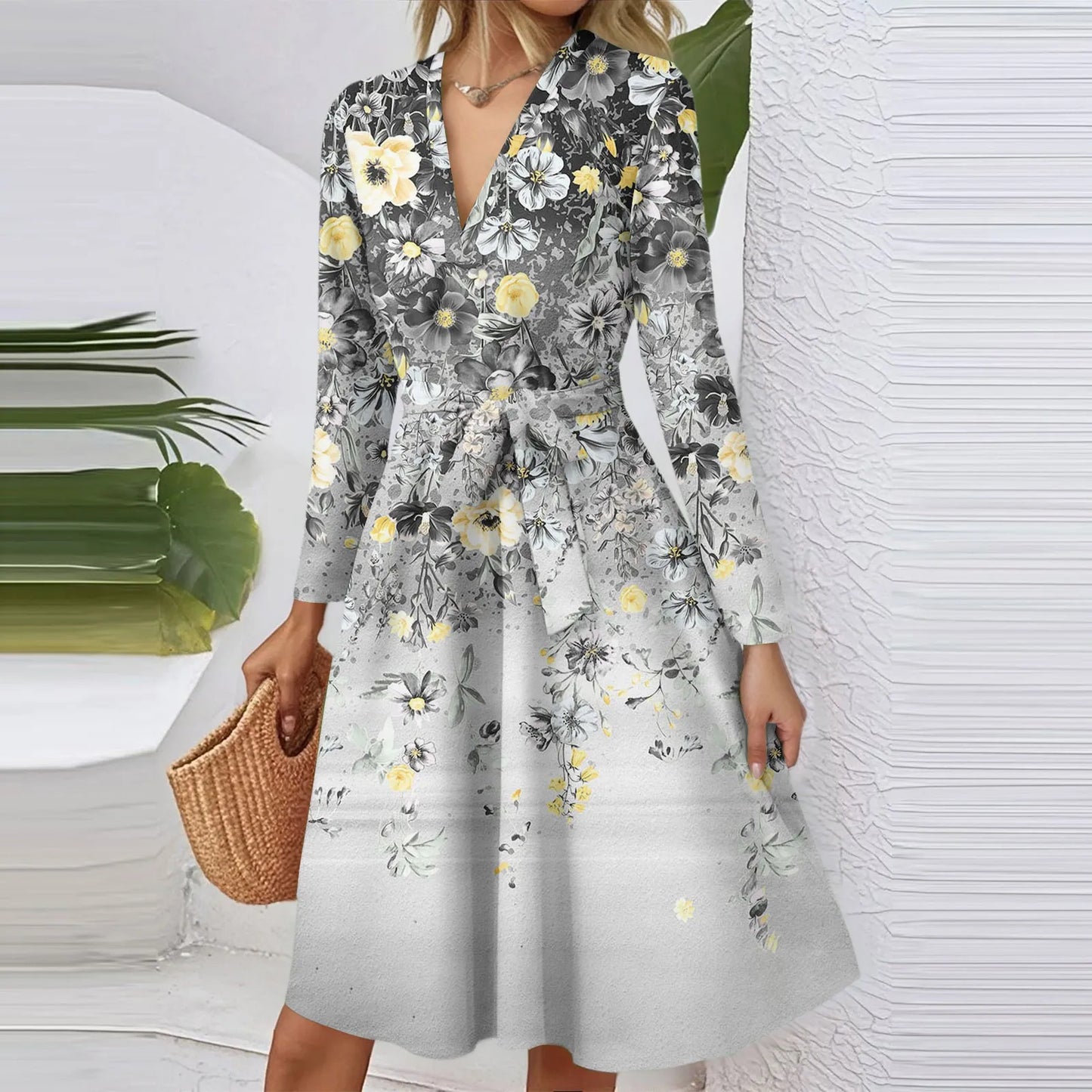 Women'S Fashion Casual V-Neck Long Sleeve Waist Floral Print Midi Dress