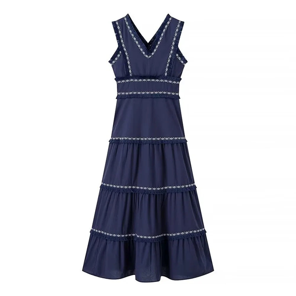 2025 Summer New Product: Casual Women's Fashion V-neck Sleeveless Waist Collection with Tassel Decoration Dress