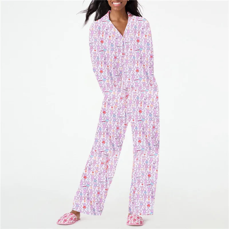 Roller Rabbit Monkey Pajamas Preppy Pjs Cute Pj Pants Sets For Women Long Sleeve Pajamas Set 2 Piece Loungewear