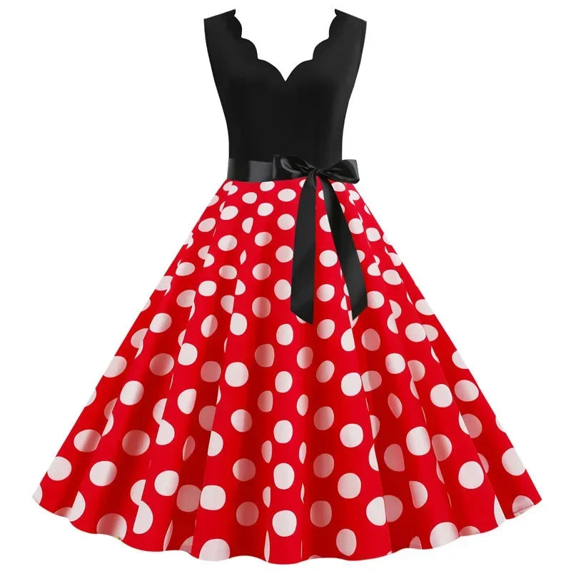 Women Retro Summer Dresses 50s 60s Sleeveless V-neck Polka Dot Bow Ball Grown Party Sundress Robe Vestidos