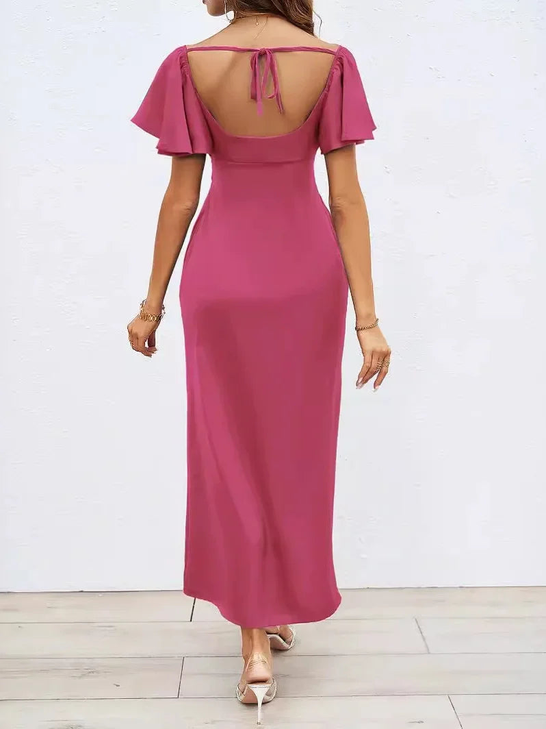 Women's Solid Color Dress Elegant High Waist Backless Long Dress Short Sleeve Peach Heart Collar Sexy Slim Fit Dress New 2024