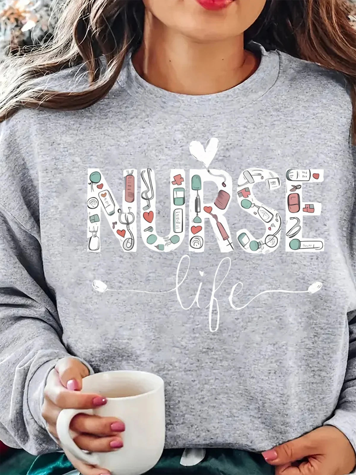 Fall Winter Plus Size Cotton Crew Neck Sweatshirt Women Nurse Life Print Oversized Hoodie Crew Neck Long Sleeved Casual Tops