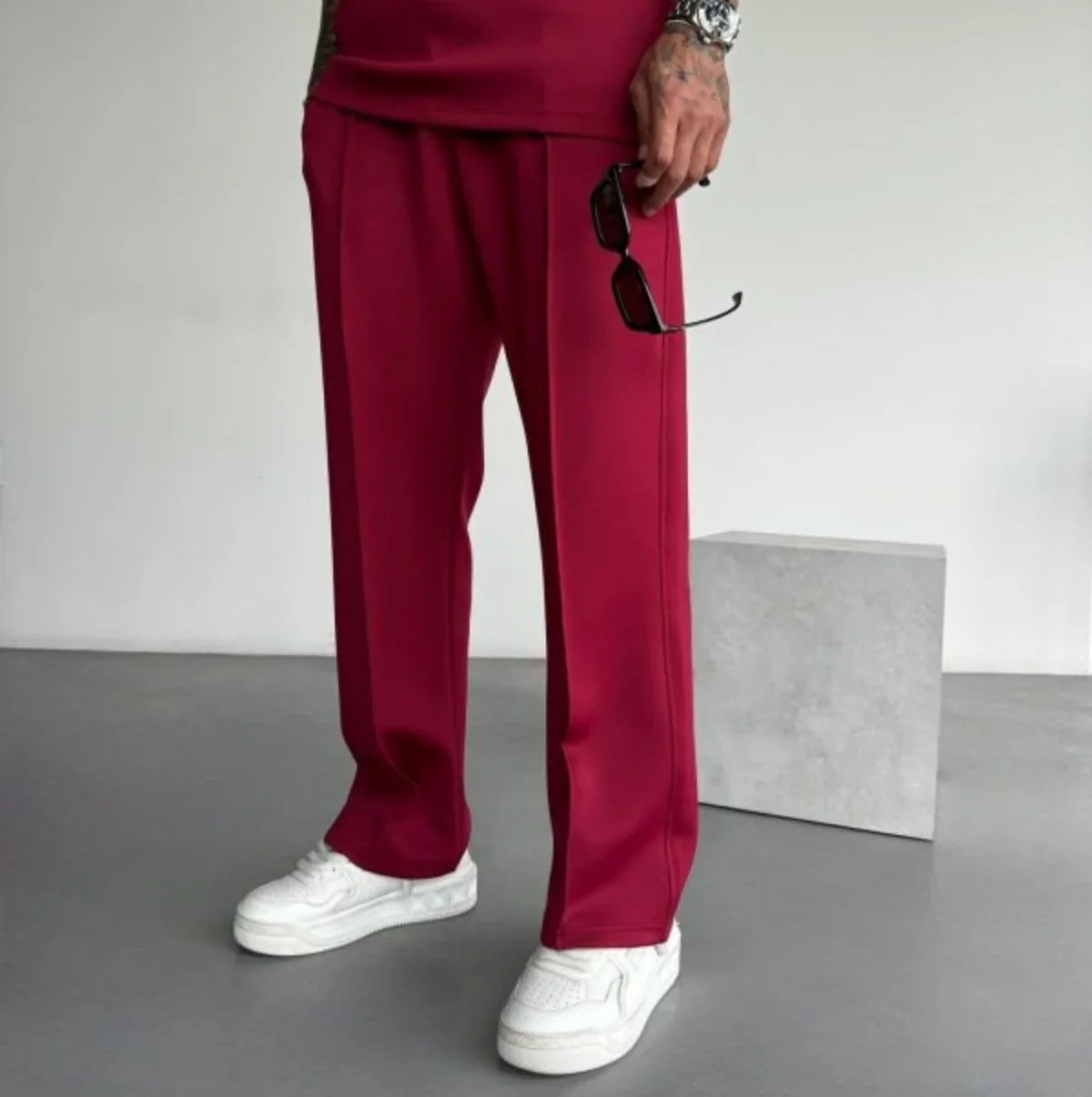 New men's casual pants, stylish and comfortable elastic waist drawstring single-line pleated solid color pocket pants