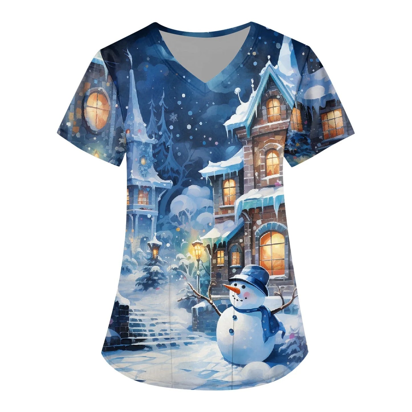 Women Scrub Nurse Uniform Casual Short Sleeve V Neck Christmas Printed Workers T-Shirt Tops Pockets Clinic Pharmacy Workwear