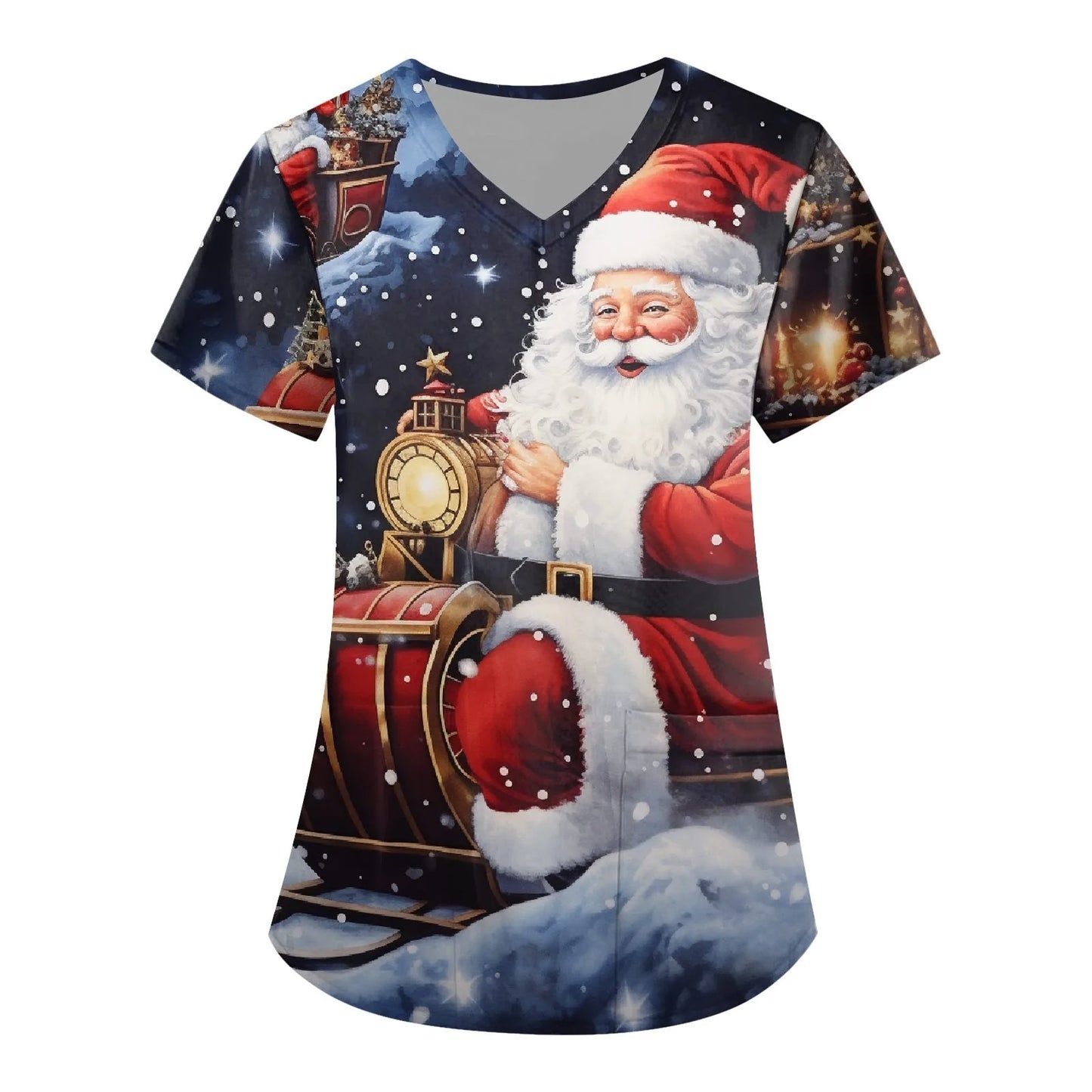 Women Scrub Nurse Uniform Casual Short Sleeve V Neck Christmas Printed Workers T-Shirt Tops Pockets Clinic Pharmacy Workwear