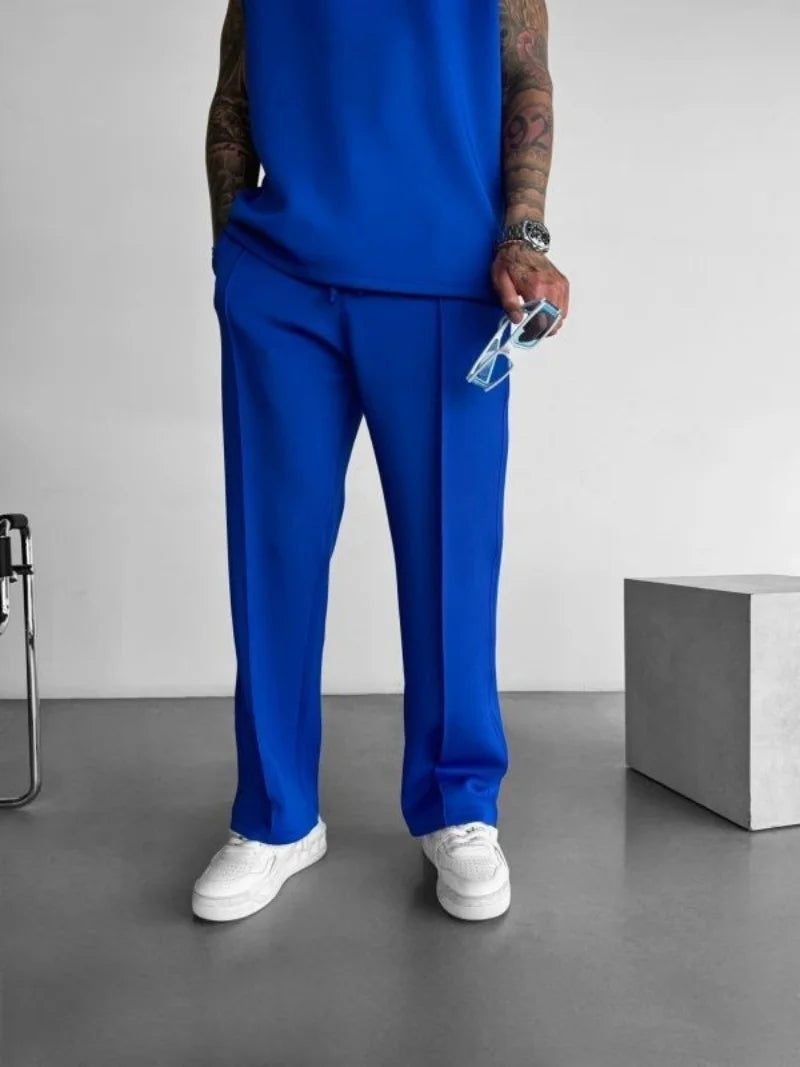 New men's casual pants, stylish and comfortable elastic waist drawstring single-line pleated solid color pocket pants