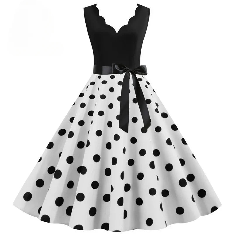 Women Retro Summer Dresses 50s 60s Sleeveless V-neck Polka Dot Bow Ball Grown Party Sundress Robe Vestidos