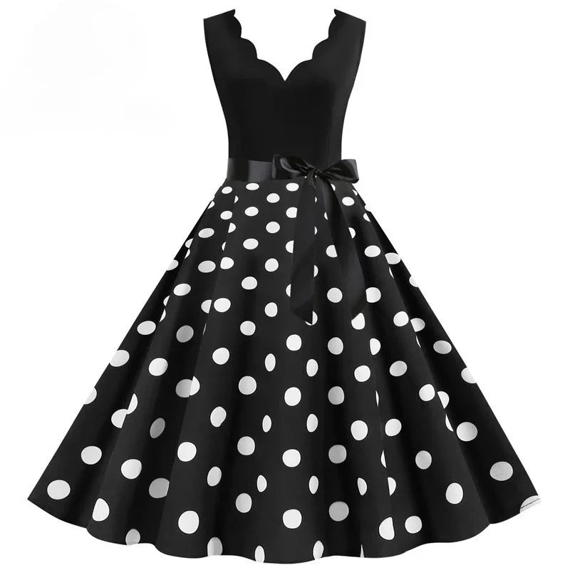Women Retro Summer Dresses 50s 60s Sleeveless V-neck Polka Dot Bow Ball Grown Party Sundress Robe Vestidos