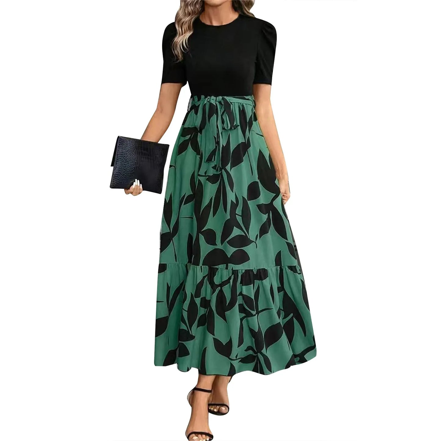 Dresses Elegant Office Lady Outfits A-Line Lace-Up Slim Fit Waist Ruffle Hem Skirt Women Dress Summer