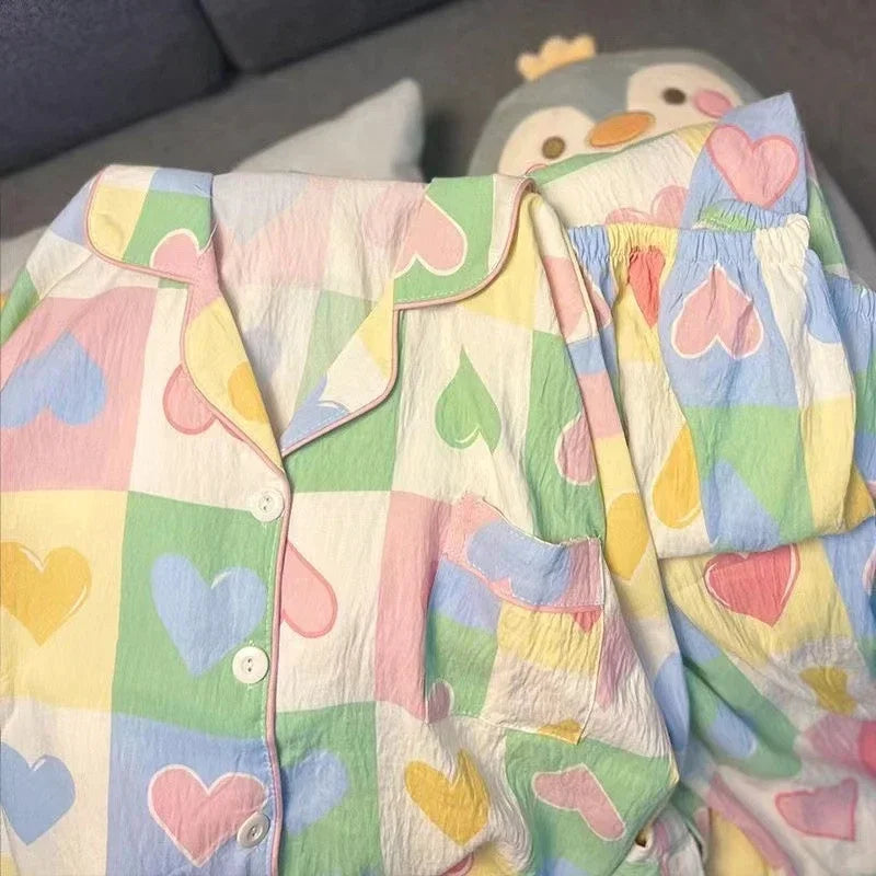 Colourful Love Plaid Print Women's Pajamas Sweet Cute Sleepwear Women's New Spring Kawaii 2 Piece Pajamas Set