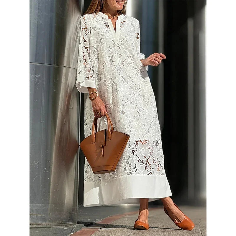 White Embroidery Lace Dress Women Spring Sexy V Neck Party Dress Loose Long Dress