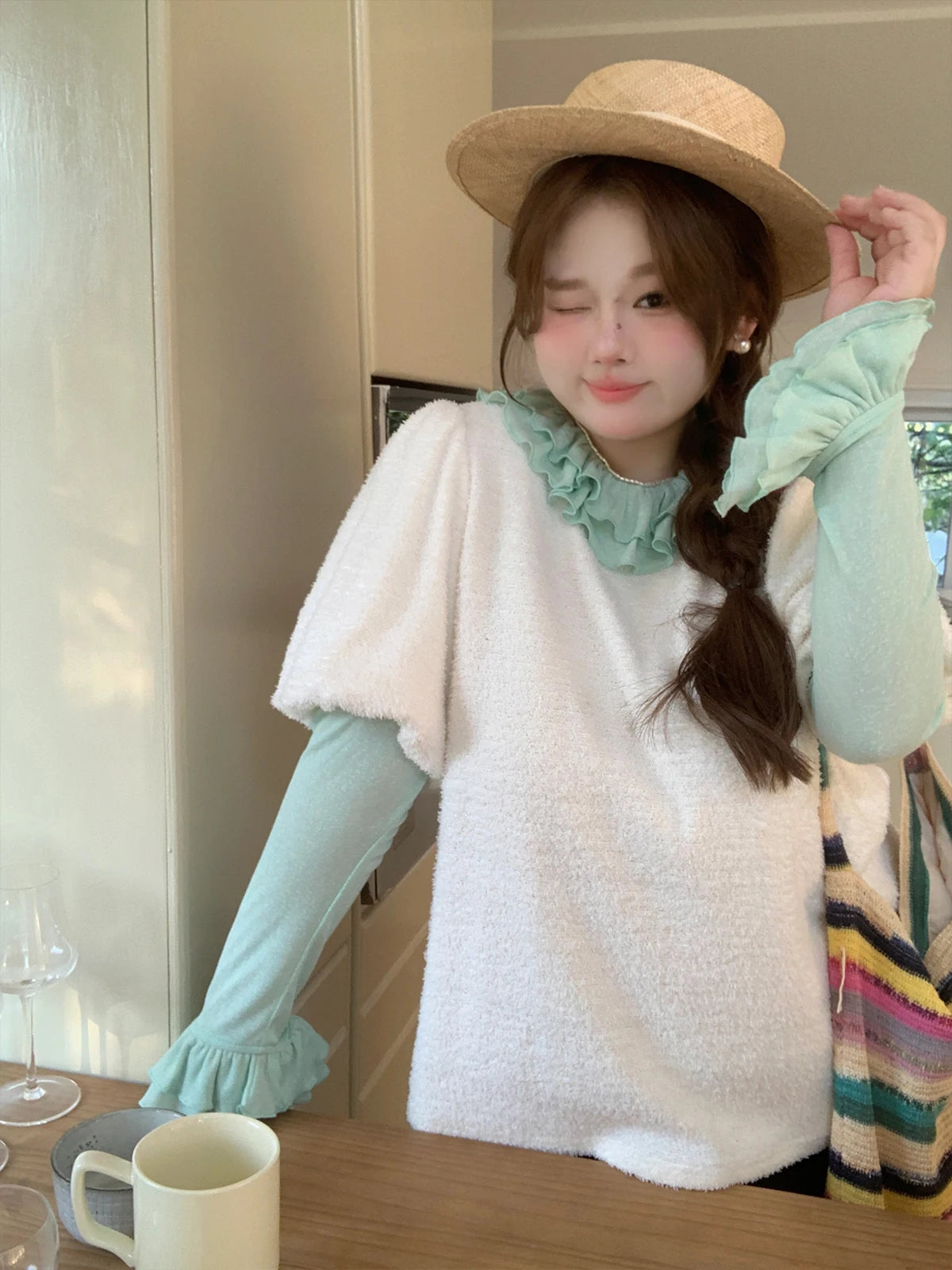 L-4XL Large Size Solid Color Long Sleeve Women Autumn Winter Sweet Double Layer Ruffles Age Reducing Crew Neck Knitted Sweater