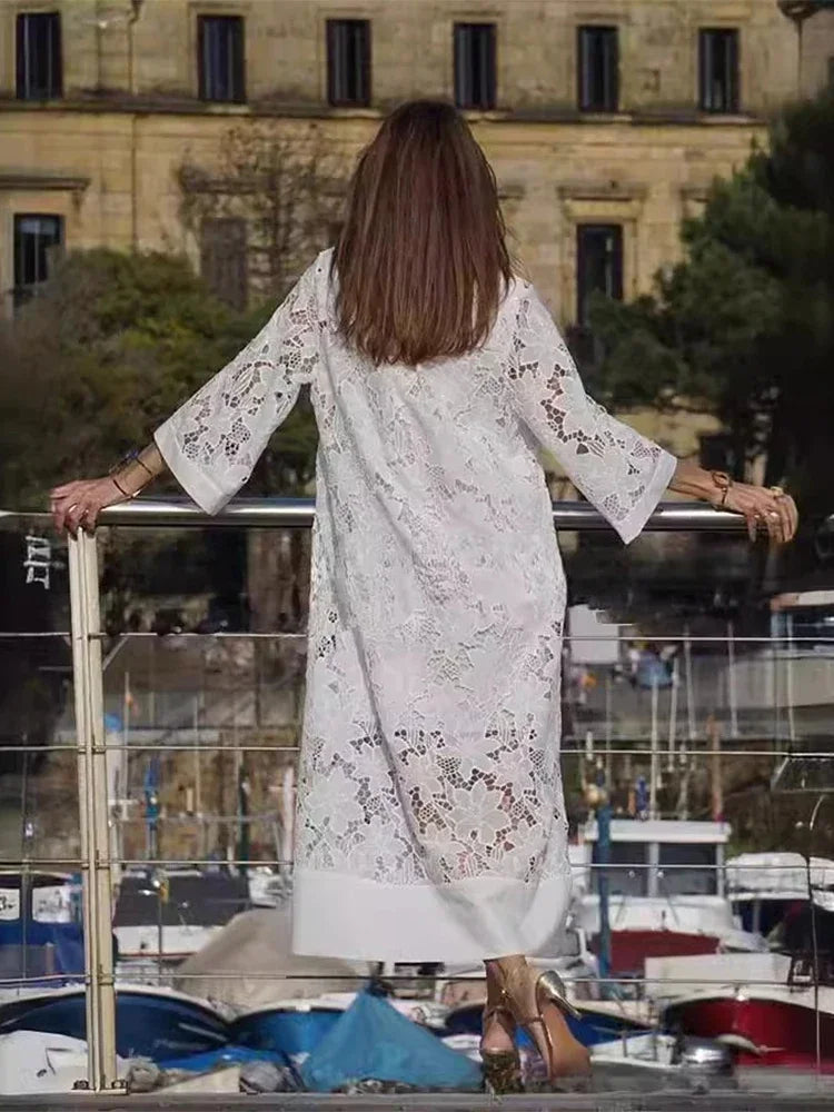 White Embroidery Lace Dress Women Spring Sexy V Neck Party Dress Loose Long Dress