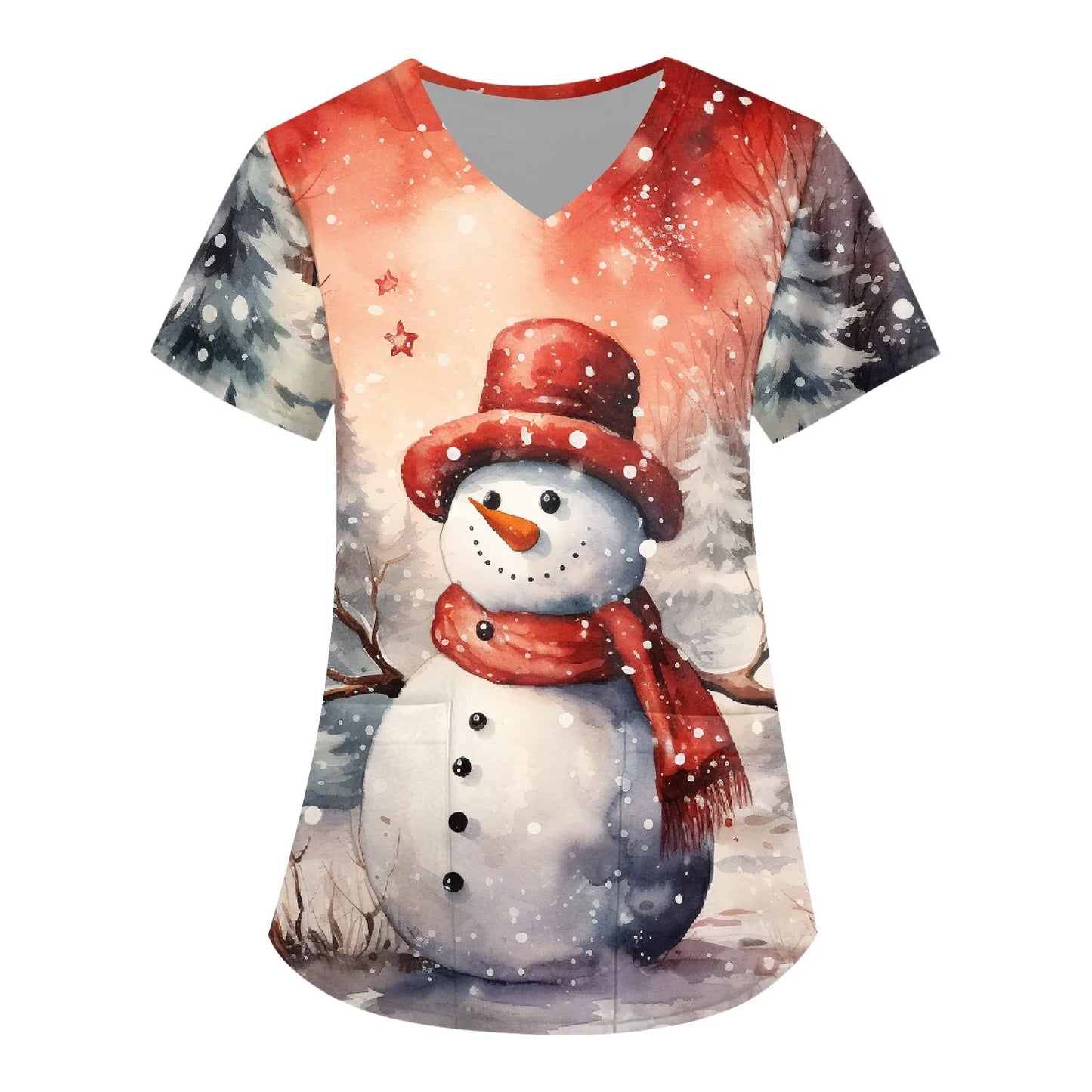 Women Scrub Nurse Uniform Casual Short Sleeve V Neck Christmas Printed Workers T-Shirt Tops Pockets Clinic Pharmacy Workwear