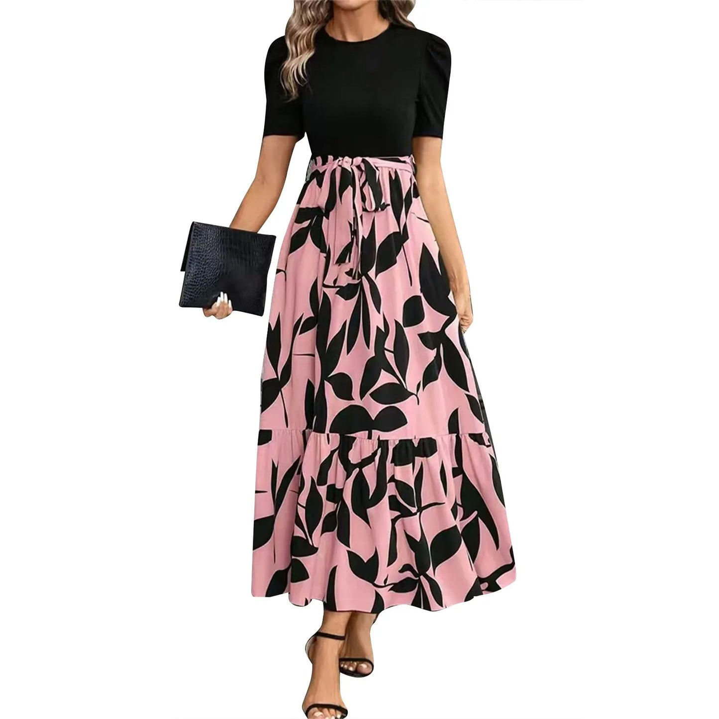 Dresses Elegant Office Lady Outfits A-Line Lace-Up Slim Fit Waist Ruffle Hem Skirt Women Dress Summer