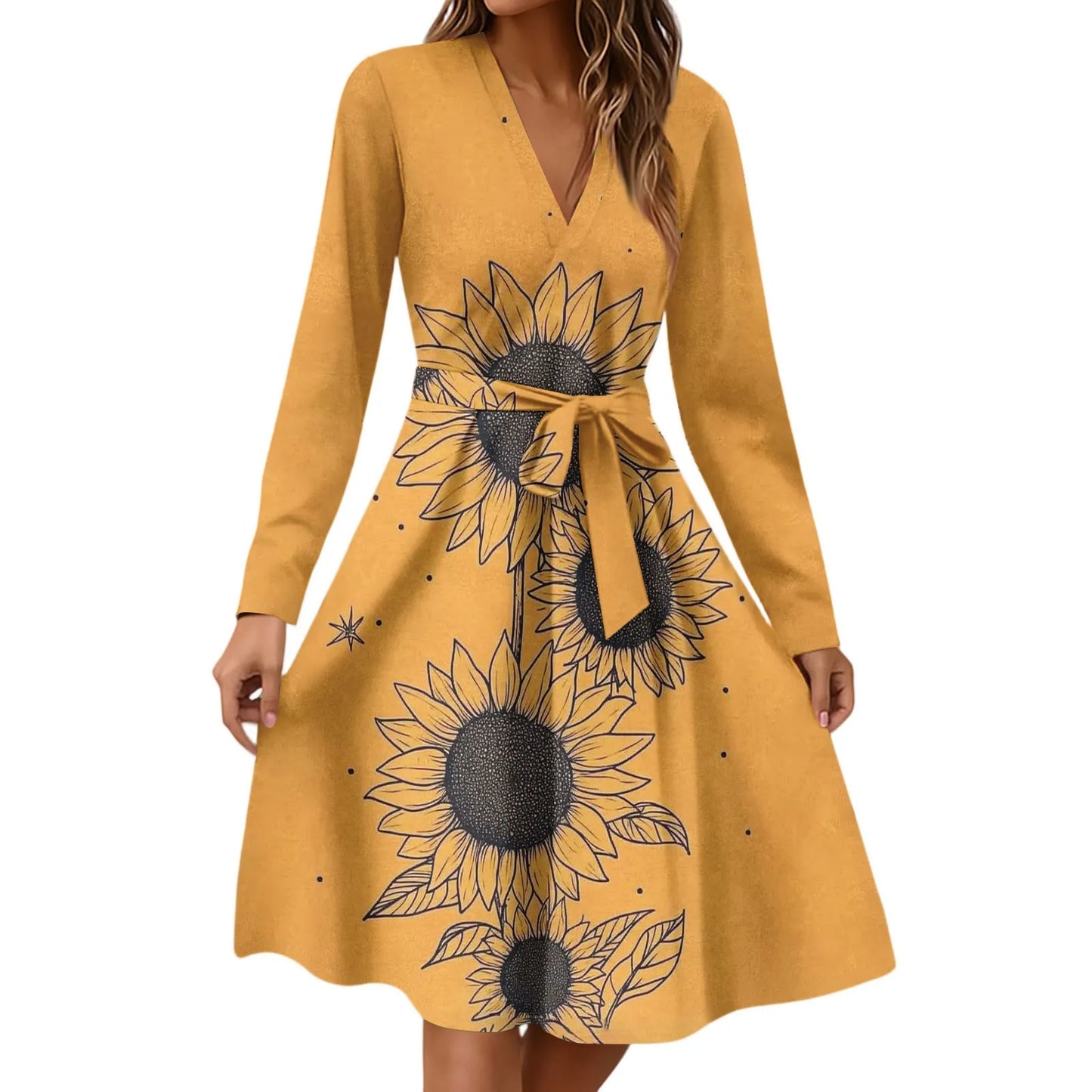 Women'S Fashion Casual V-Neck Long Sleeve Waist Floral Print Midi Dress