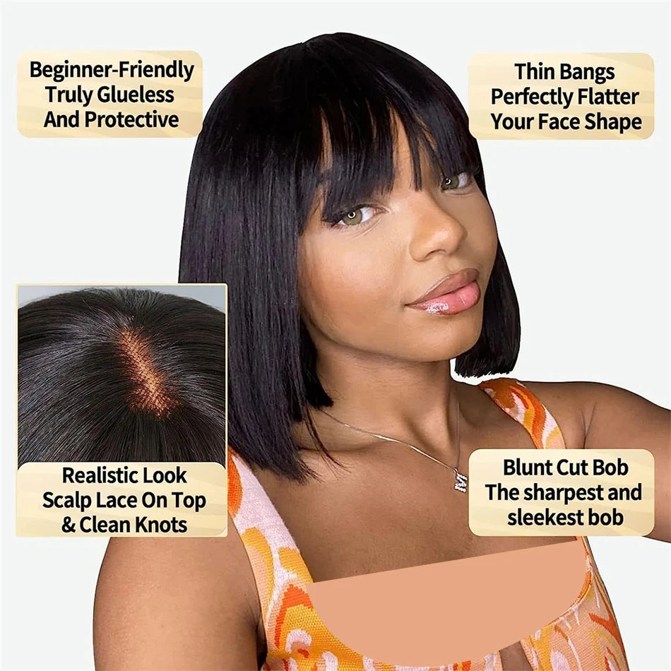 Middle Part Lace Wig Bob Wigs Full Machine Made Bone Straight Human Hair Wigs With Bangs Short Bob