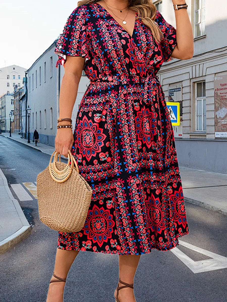 Womens Floral Print V Neck Short Sleeve Midi Dress with Slit