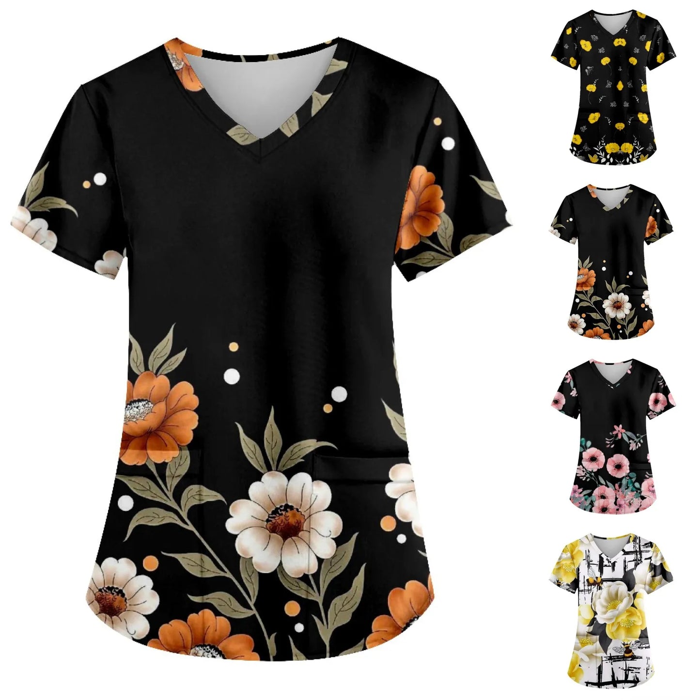 2025 New Women'S Fashion Printed Nurse Uniform With Pocket T-Shirt Short-Sleeved Top Soft Breathable Nursing Work Clothes