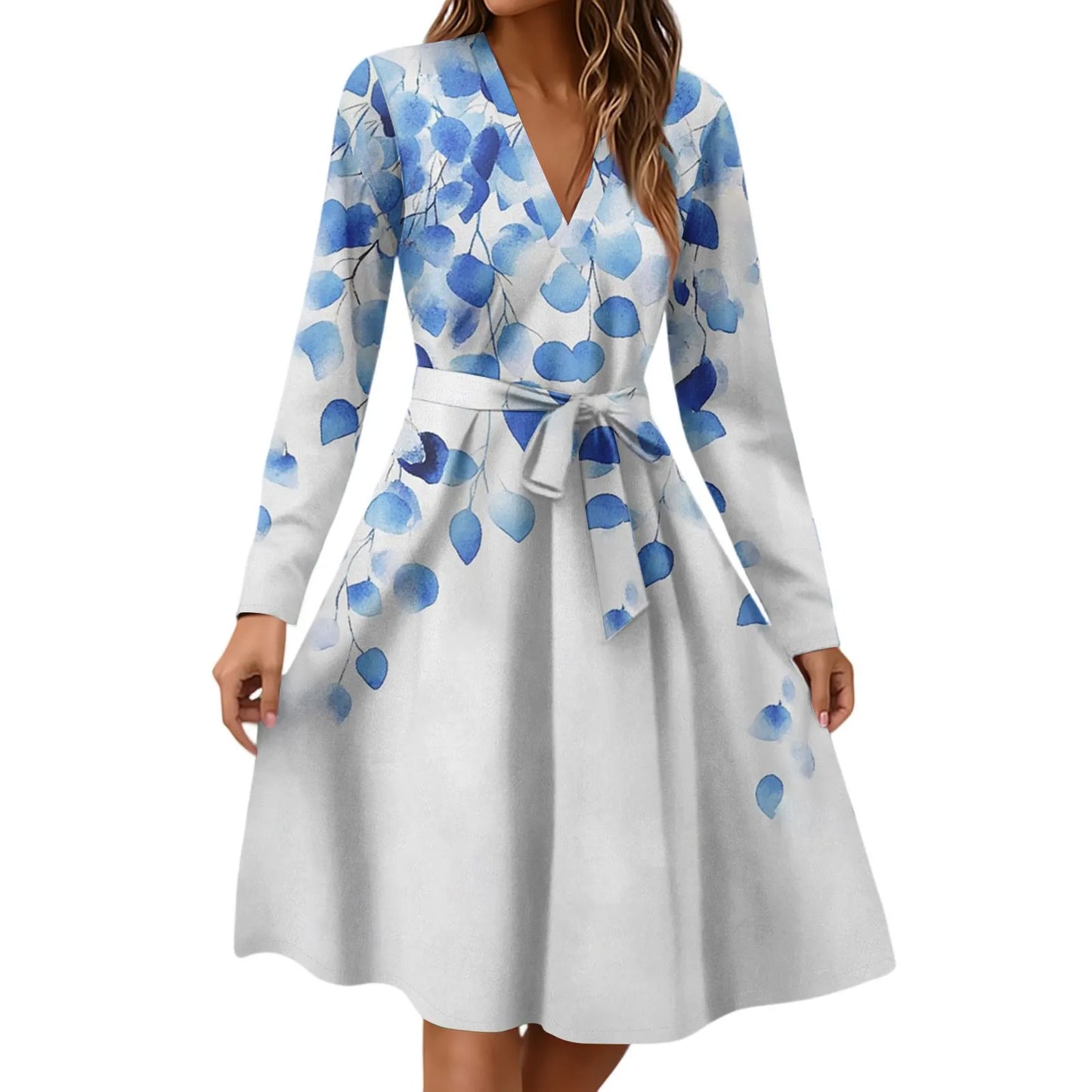 Women'S Fashion Casual V-Neck Long Sleeve Waist Floral Print Midi Dress