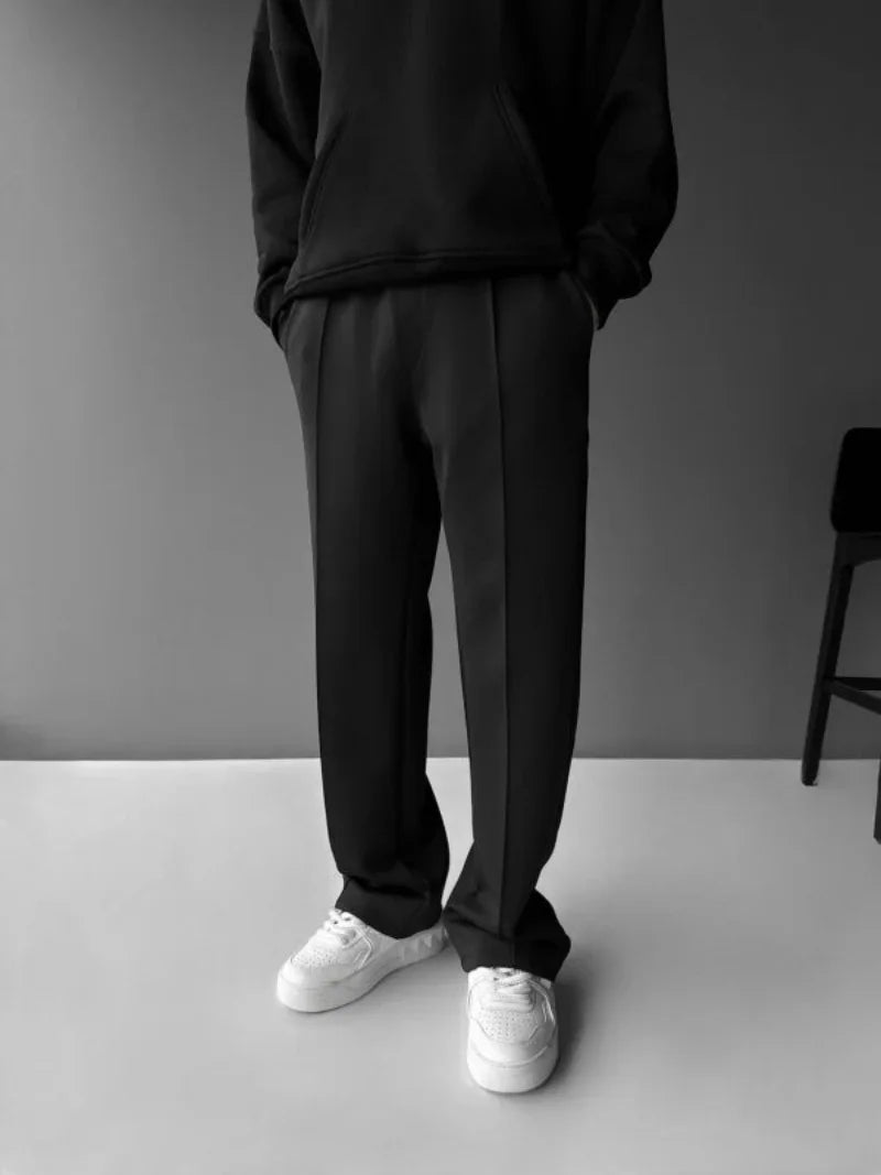 New men's casual pants, stylish and comfortable elastic waist drawstring single-line pleated solid color pocket pants