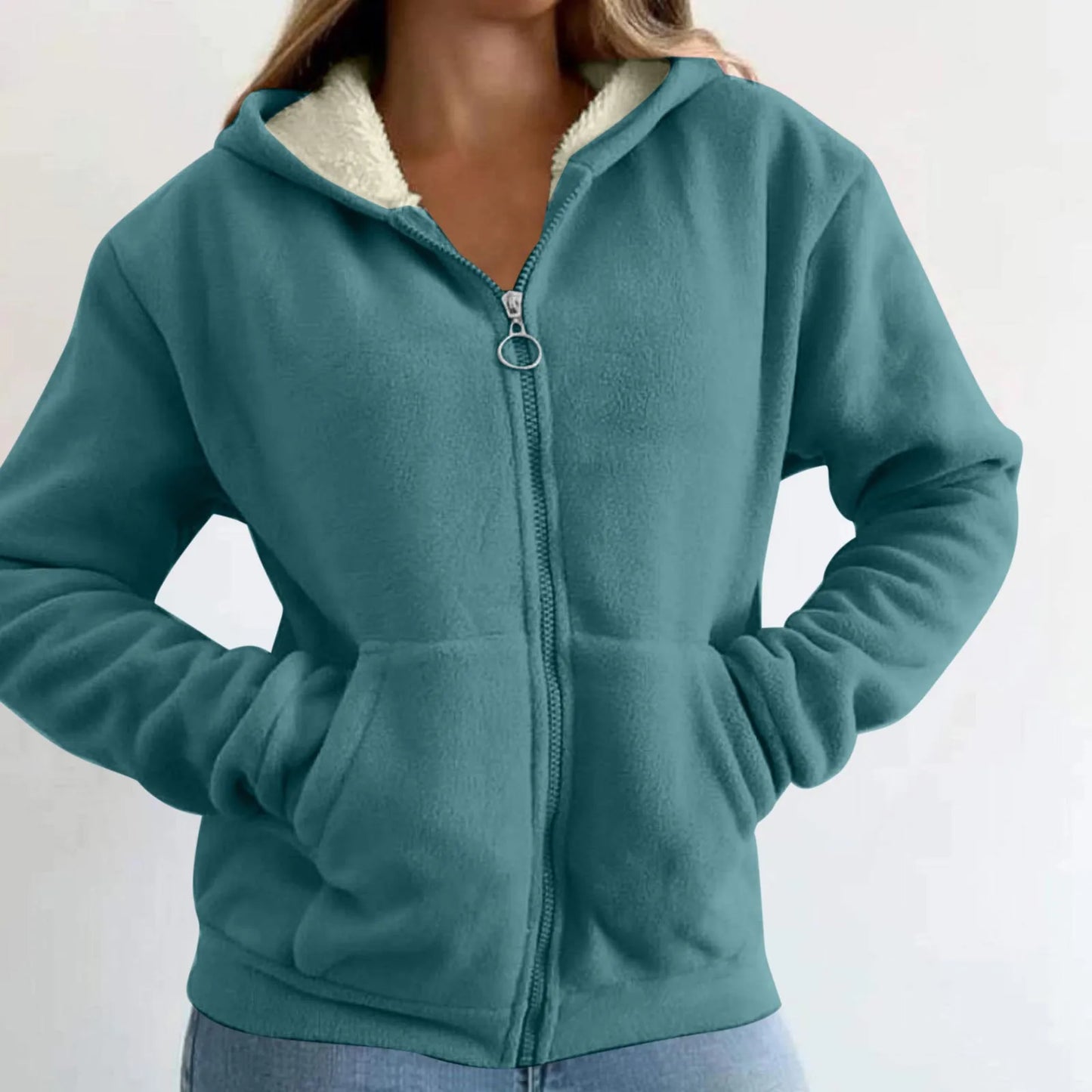 Trendy Sweatshirt Coat Front Pockets Warm Zipper Lamb Wool Jacket Woman Winter Solid Color Plush Lined Cardigan Hoodie