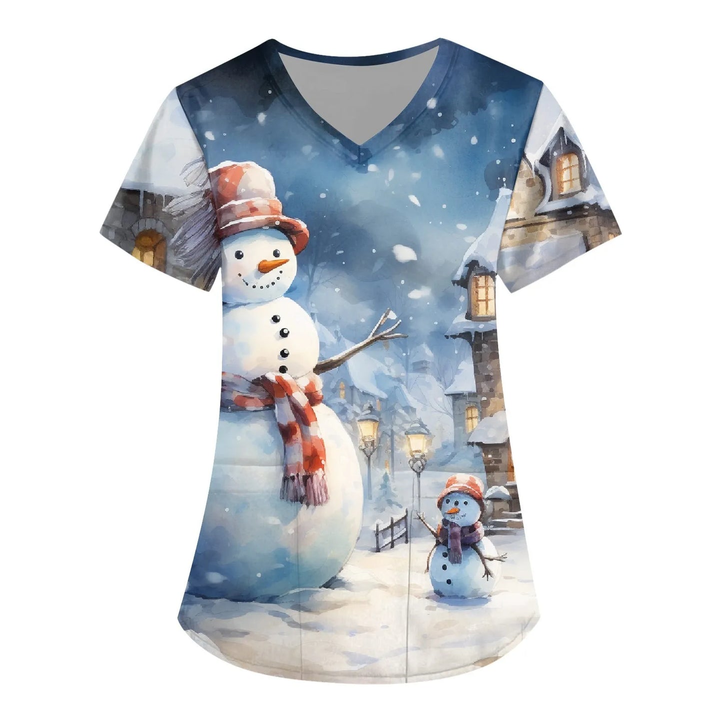 Women Scrub Nurse Uniform Casual Short Sleeve V Neck Christmas Printed Workers T-Shirt Tops Pockets Clinic Pharmacy Workwear