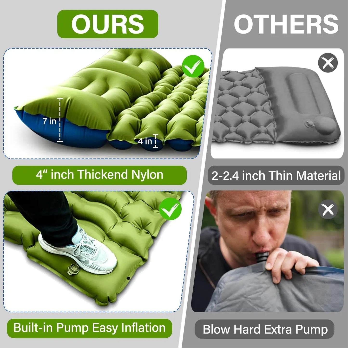 Double Sleeping Pad 4" Thick for 2 Person with Pillow Built-in Foot Pump Inflatable Mattress for Backpacking Hiking