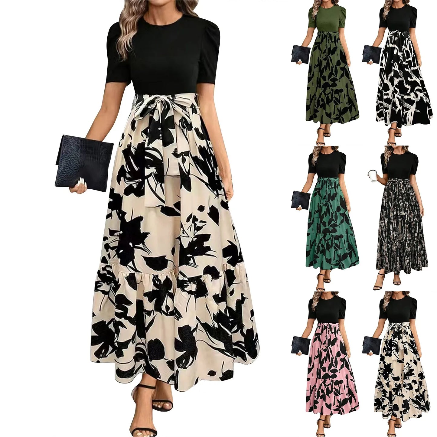 Dresses Elegant Office Lady Outfits A-Line Lace-Up Slim Fit Waist Ruffle Hem Skirt Women Dress Summer