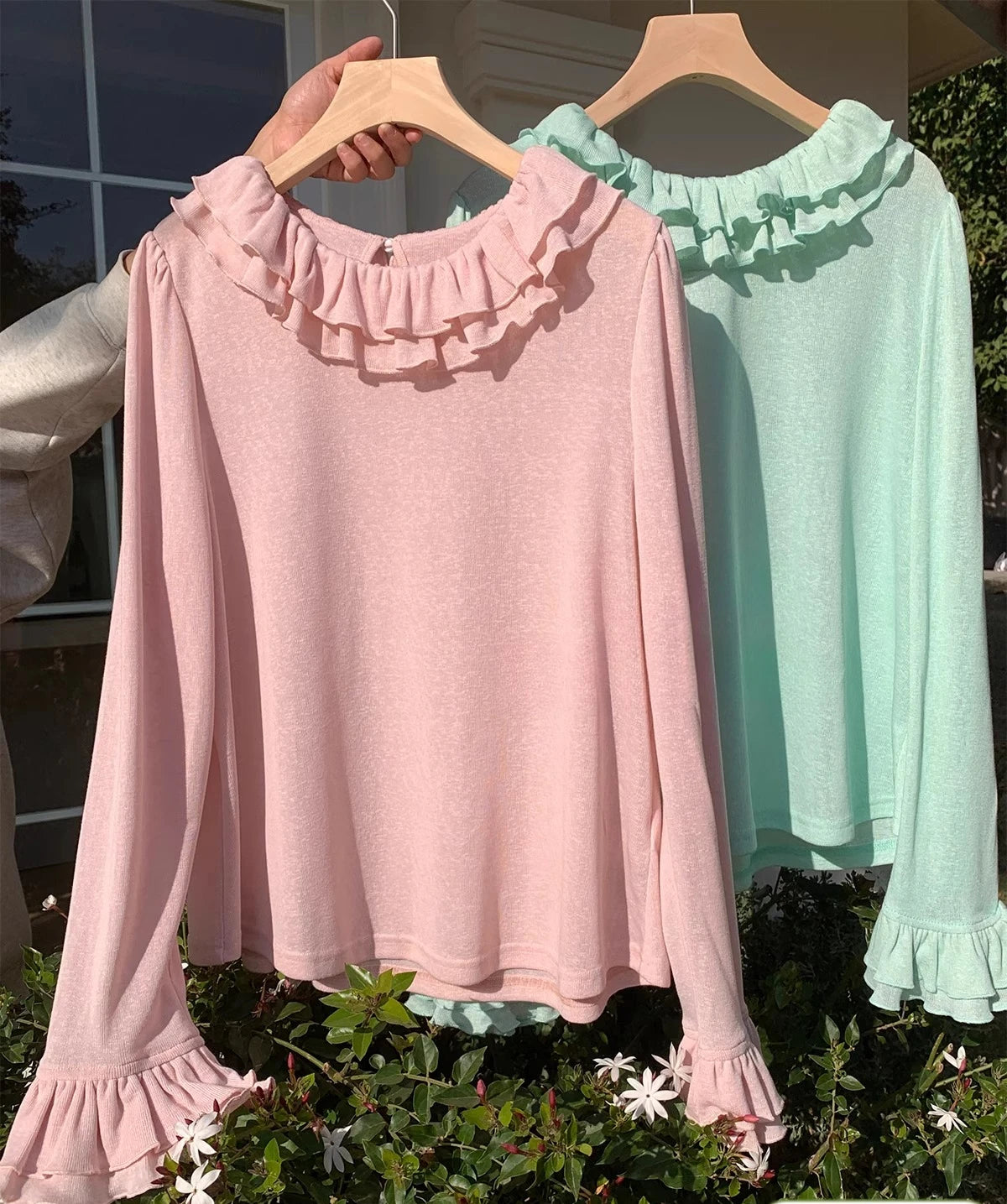 L-4XL Large Size Solid Color Long Sleeve Women Autumn Winter Sweet Double Layer Ruffles Age Reducing Crew Neck Knitted Sweater