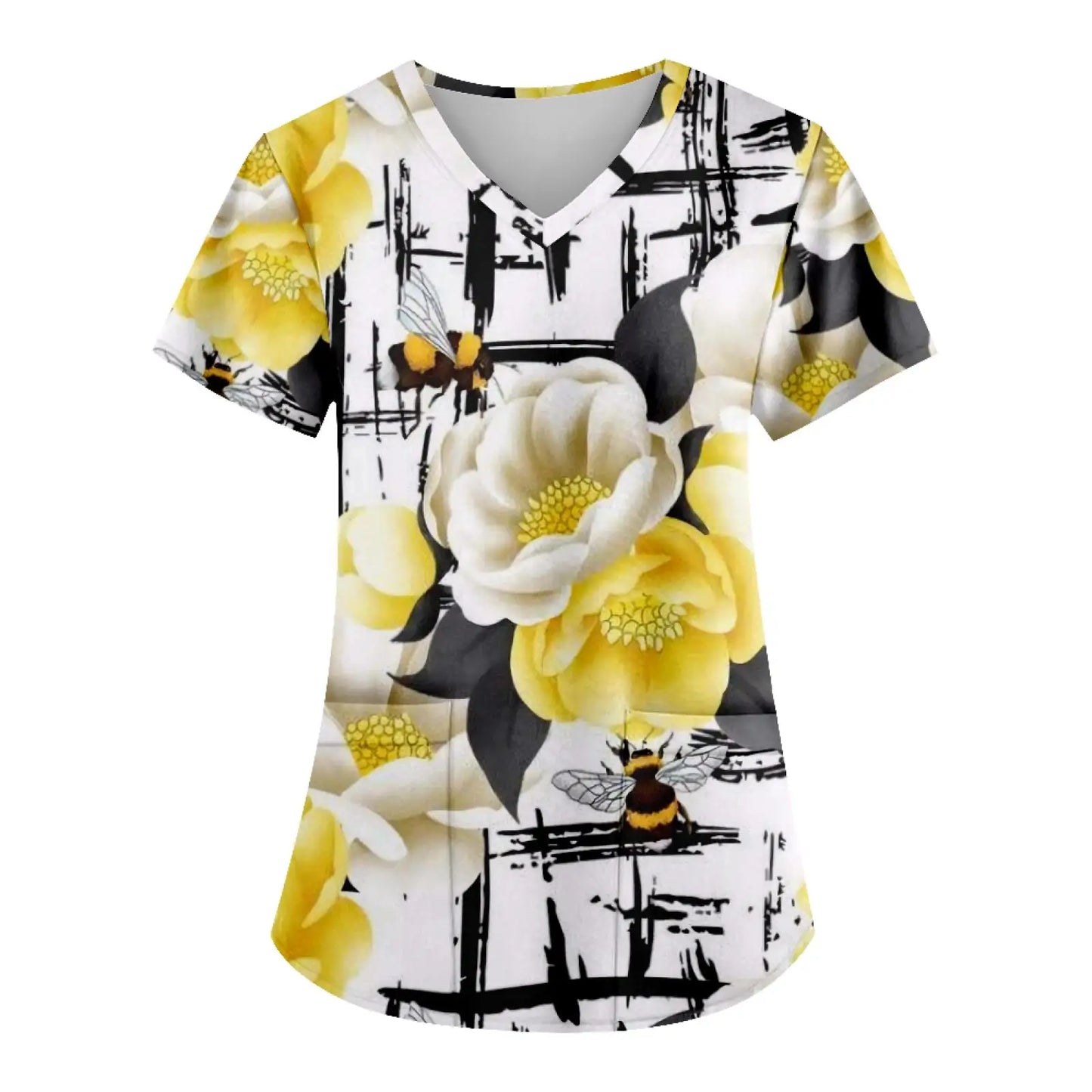 2025 New Women'S Fashion Printed Nurse Uniform With Pocket T-Shirt Short-Sleeved Top Soft Breathable Nursing Work Clothes