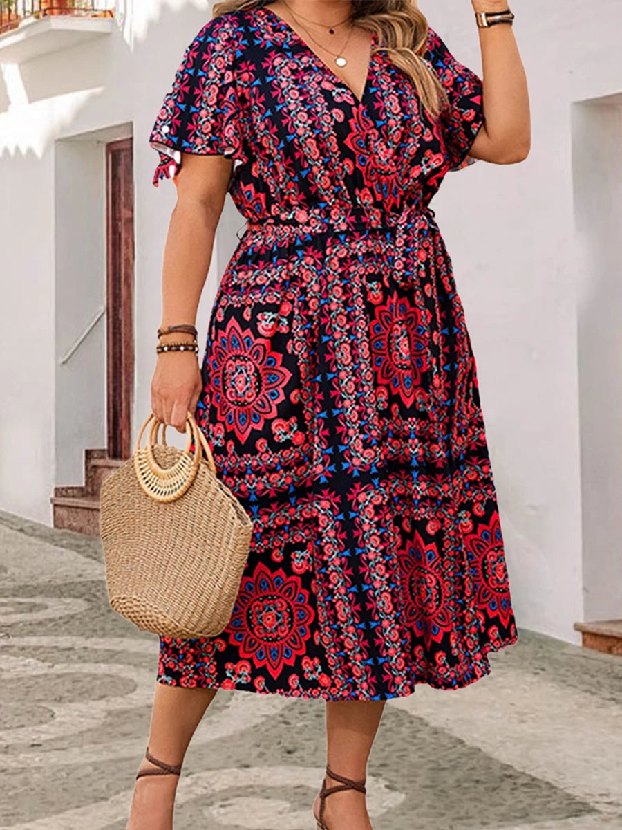 Womens Floral Print V Neck Short Sleeve Midi Dress with Slit