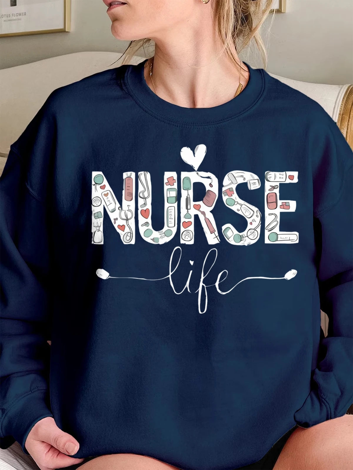 Fall Winter Plus Size Cotton Crew Neck Sweatshirt Women Nurse Life Print Oversized Hoodie Crew Neck Long Sleeved Casual Tops