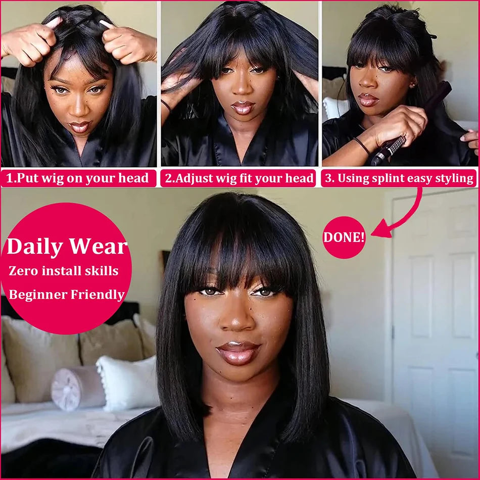Middle Part Lace Wig Bob Wigs Full Machine Made Bone Straight Human Hair Wigs With Bangs Short Bob