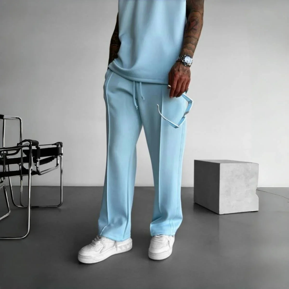 New men's casual pants, stylish and comfortable elastic waist drawstring single-line pleated solid color pocket pants