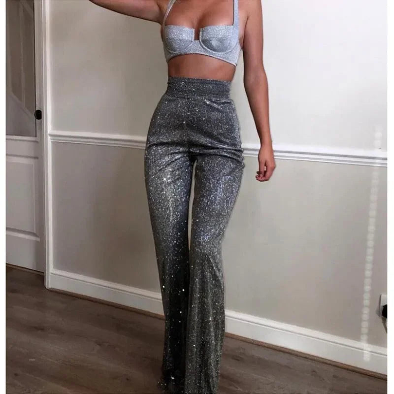 Sexy Women High Waist Slim Long Pants Solid Flash Diamond Flare Wide Leg Trousers Female Elegant Fashion Casual Pants