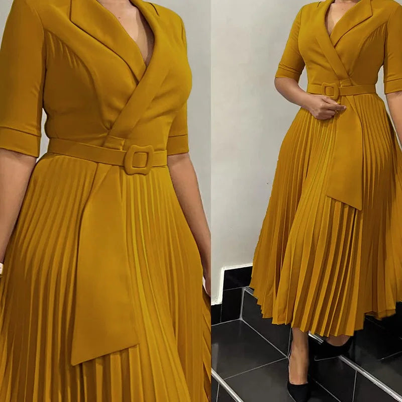 Elegant Office Dresses Pleated for Woman Half Sleeve Belt Waisted Professional Business