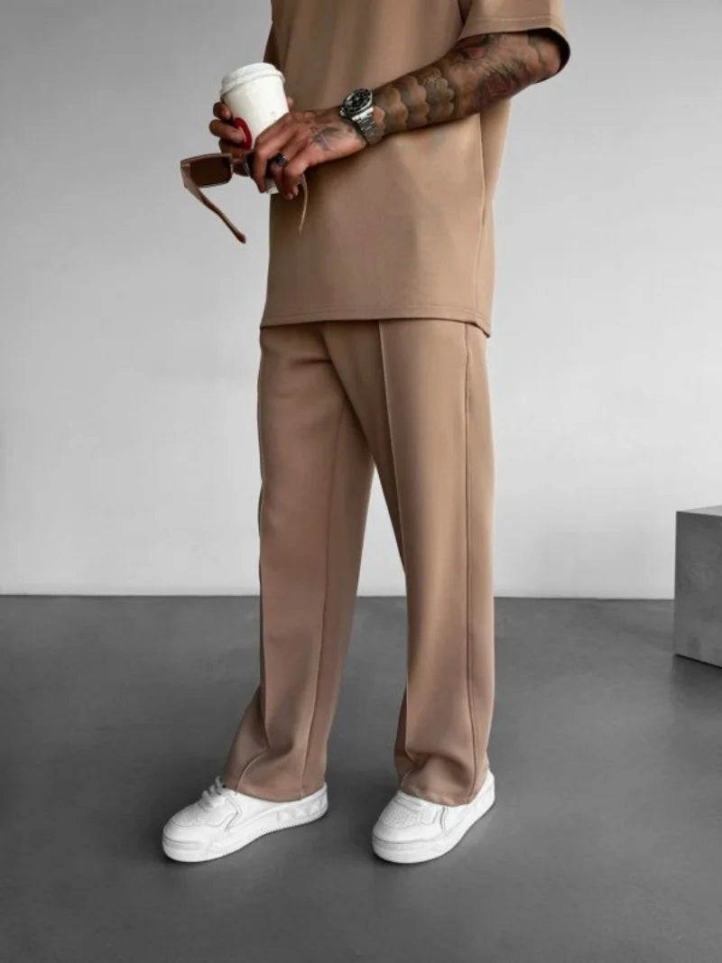 New men's casual pants, stylish and comfortable elastic waist drawstring single-line pleated solid color pocket pants