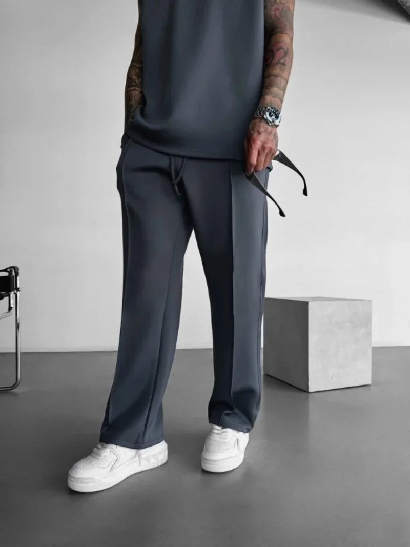 New men's casual pants, stylish and comfortable elastic waist drawstring single-line pleated solid color pocket pants