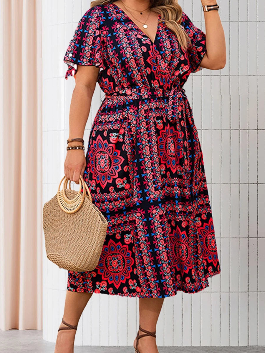 Womens Floral Print V Neck Short Sleeve Midi Dress with Slit