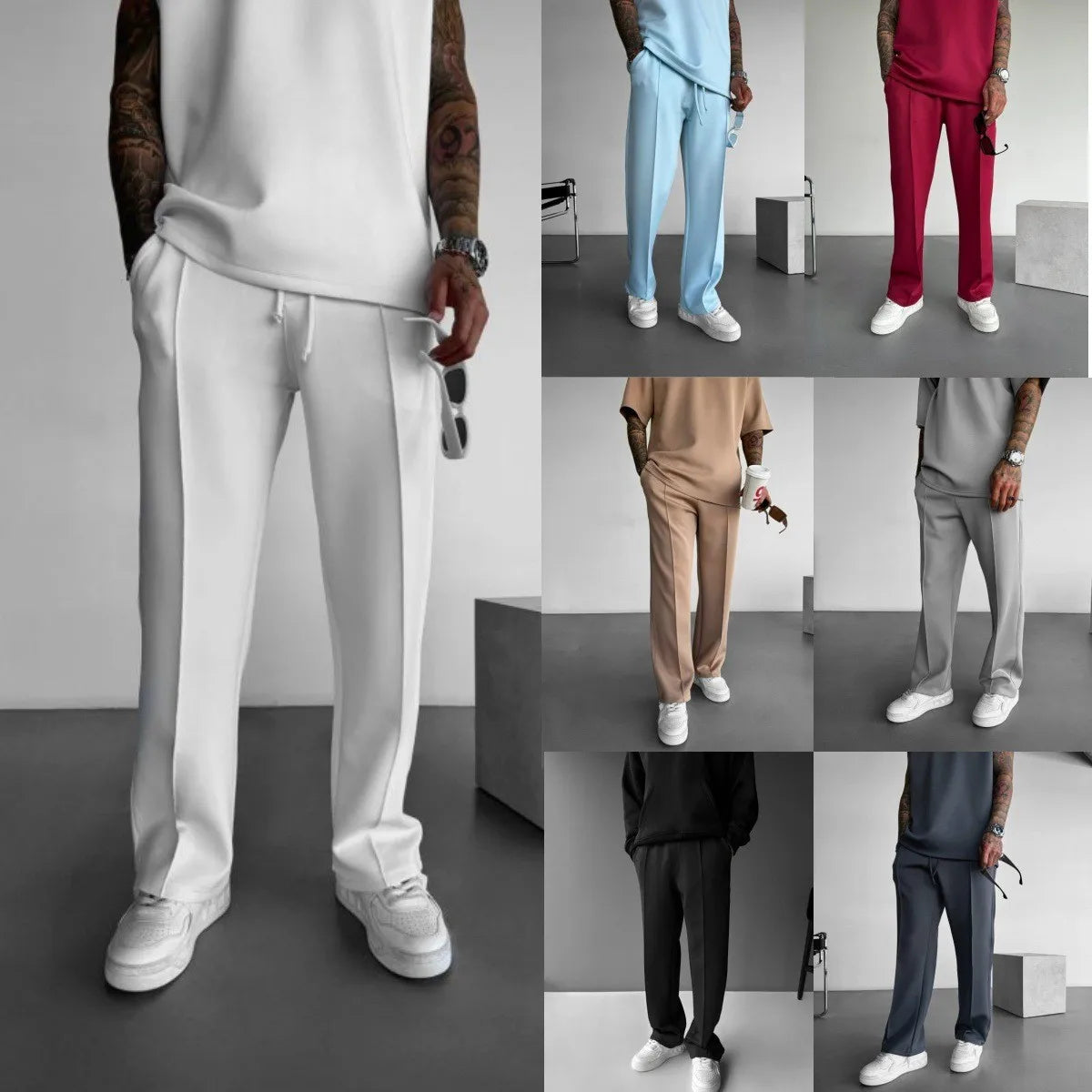 New men's casual pants, stylish and comfortable elastic waist drawstring single-line pleated solid color pocket pants