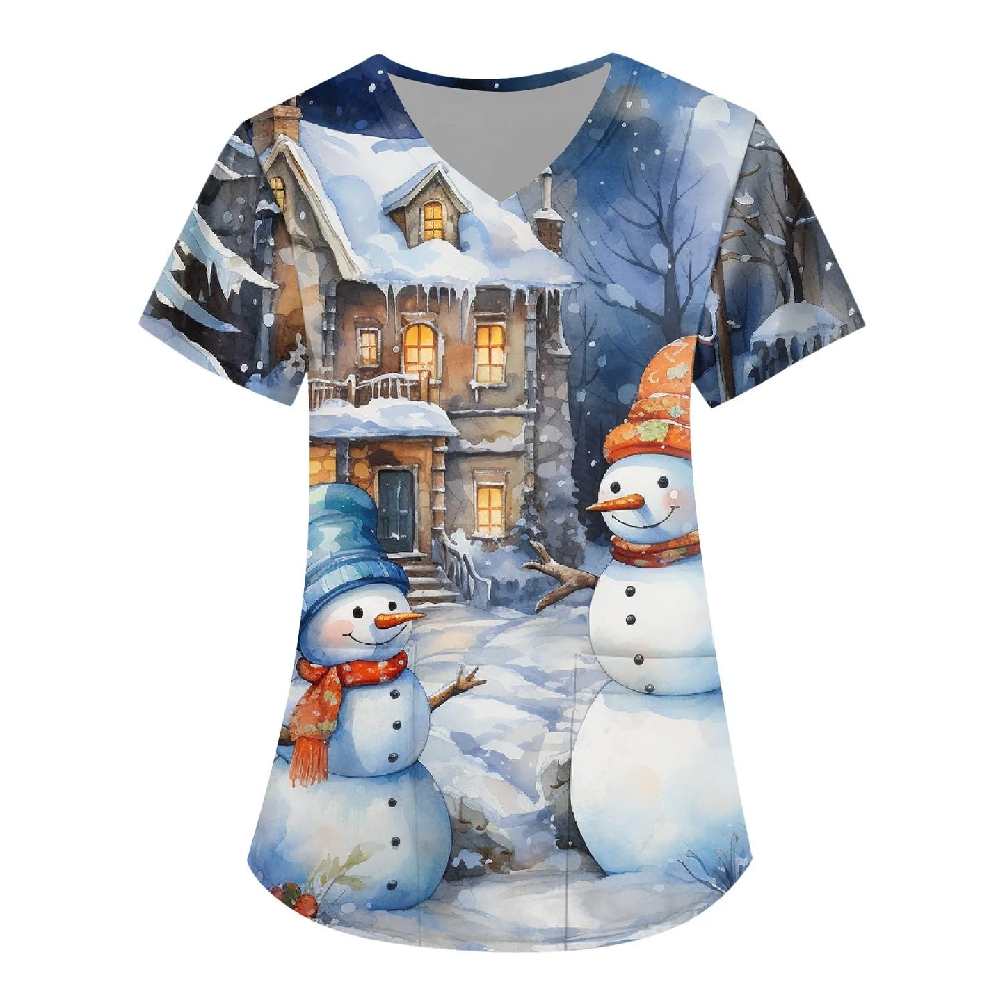 Women Scrub Nurse Uniform Casual Short Sleeve V Neck Christmas Printed Workers T-Shirt Tops Pockets Clinic Pharmacy Workwear