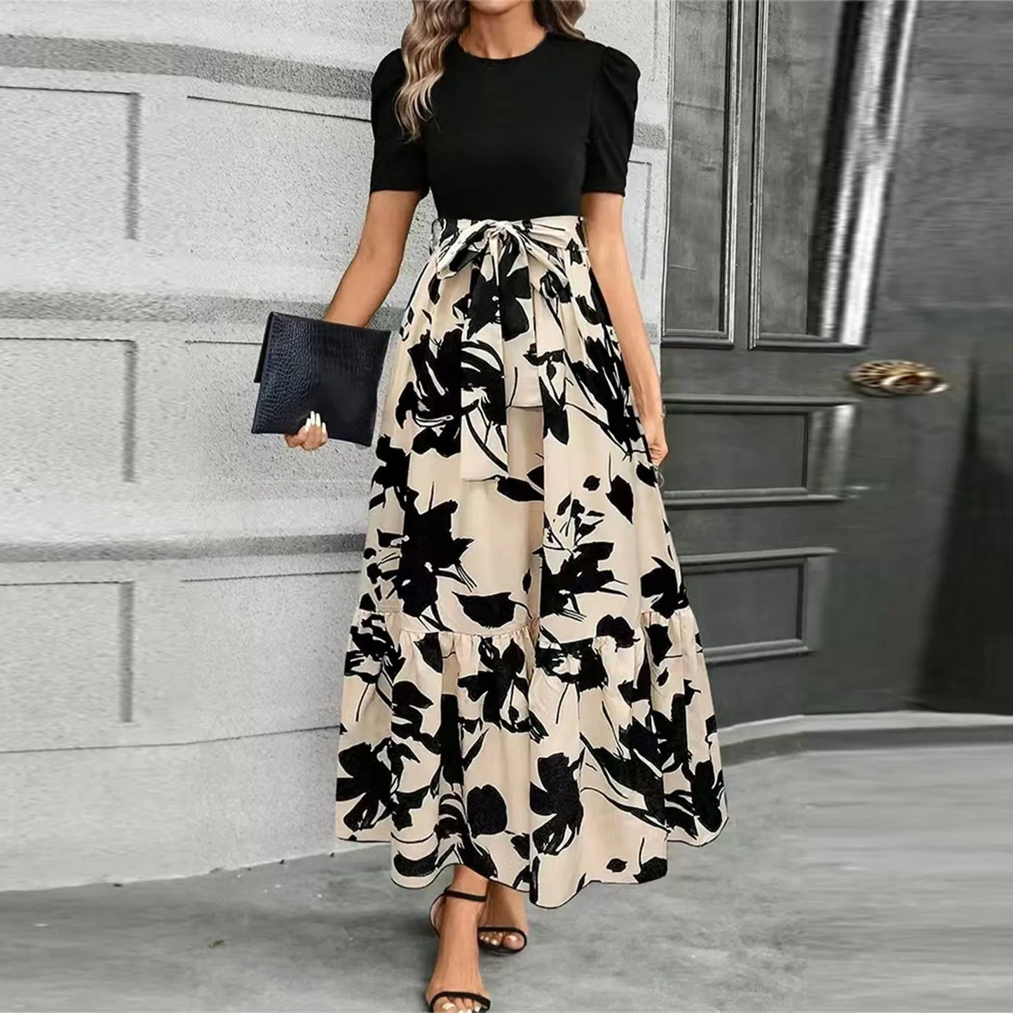 Dresses Elegant Office Lady Outfits A-Line Lace-Up Slim Fit Waist Ruffle Hem Skirt Women Dress Summer