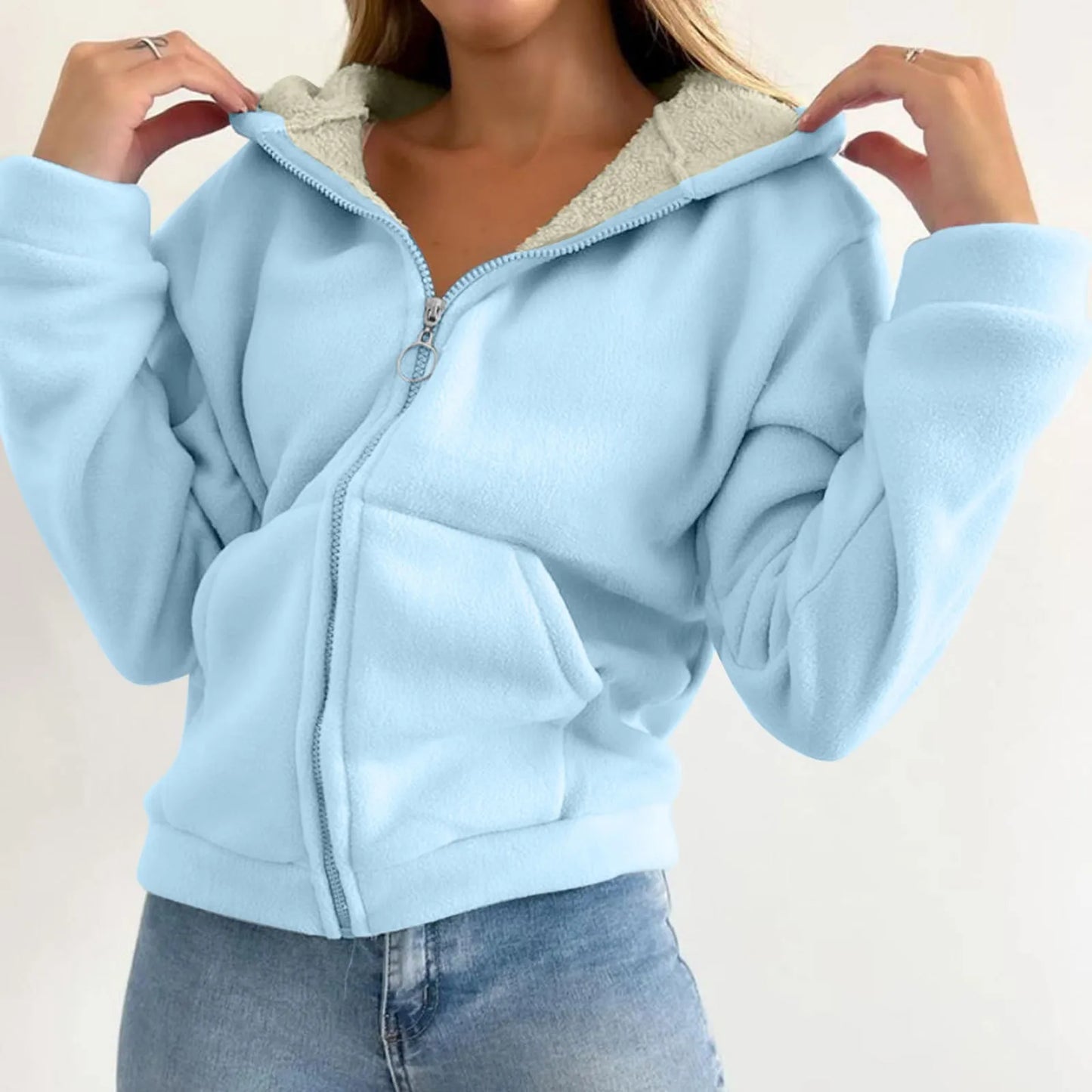 Trendy Sweatshirt Coat Front Pockets Warm Zipper Lamb Wool Jacket Woman Winter Solid Color Plush Lined Cardigan Hoodie