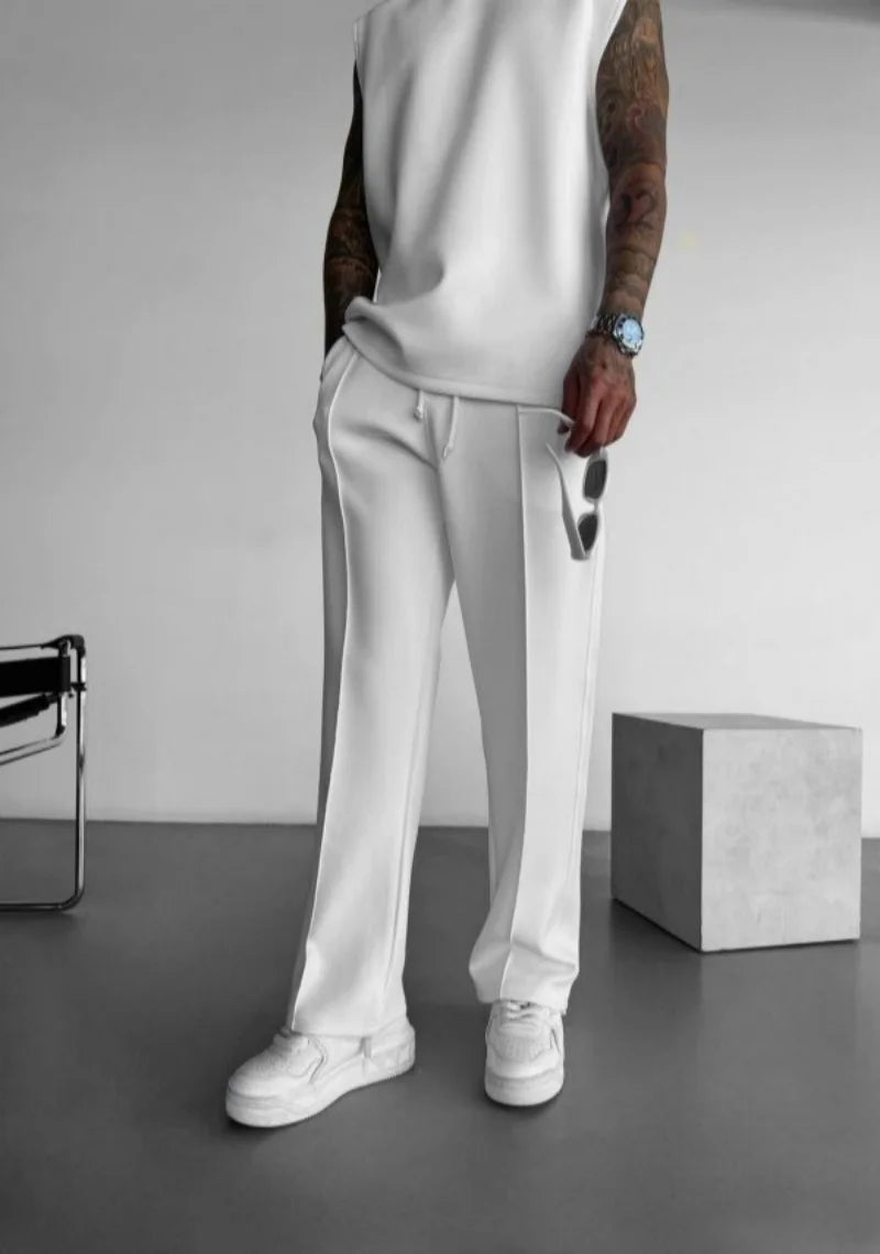 New men's casual pants, stylish and comfortable elastic waist drawstring single-line pleated solid color pocket pants