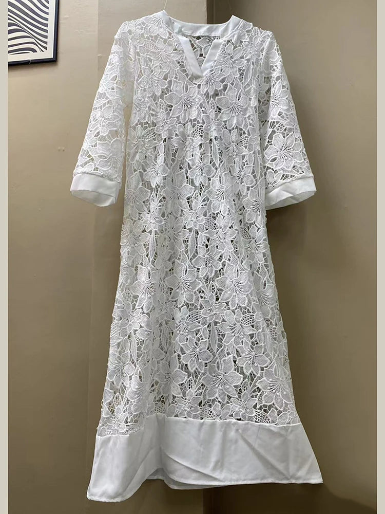 White Embroidery Lace Dress Women Spring Sexy V Neck Party Dress Loose Long Dress