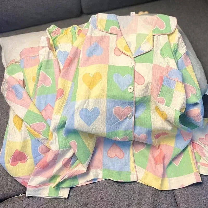 Colourful Love Plaid Print Women's Pajamas Sweet Cute Sleepwear Women's New Spring Kawaii 2 Piece Pajamas Set