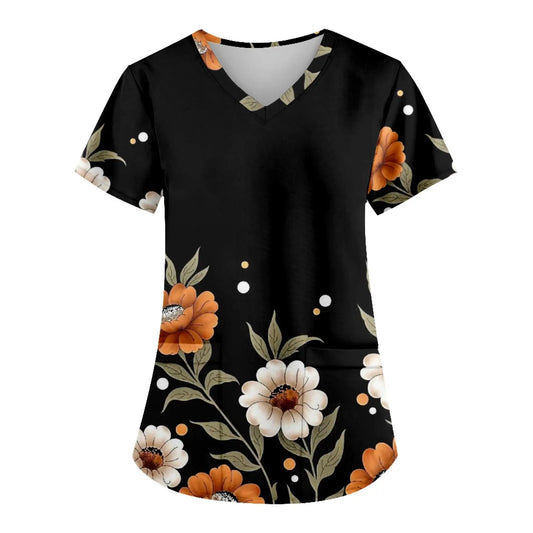 2025 New Women'S Fashion Printed Nurse Uniform With Pocket T-Shirt Short-Sleeved Top Soft Breathable Nursing Work Clothes