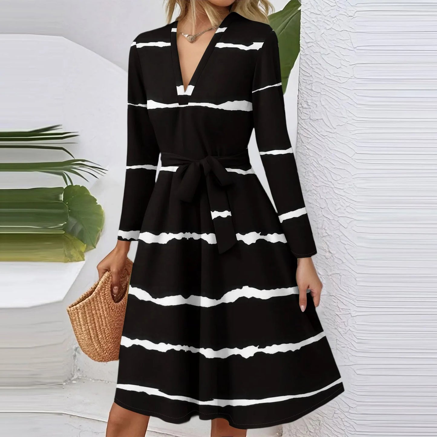 Women'S Fashion Casual V-Neck Long Sleeve Waist Floral Print Midi Dress